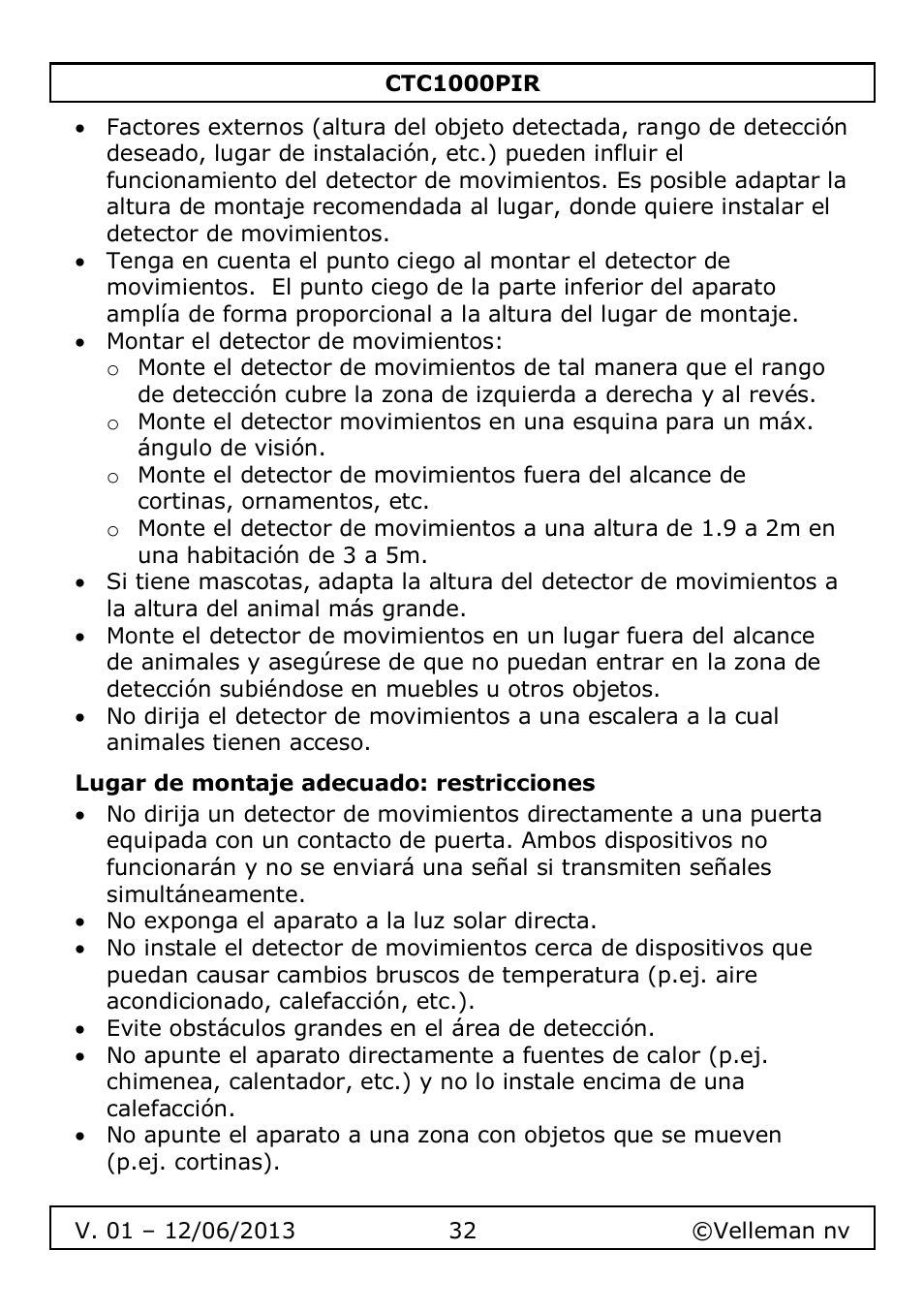 Lugar de montaje adecuado: restricciones | Velleman CTC1000PIR User Manual | Page 32 / 59