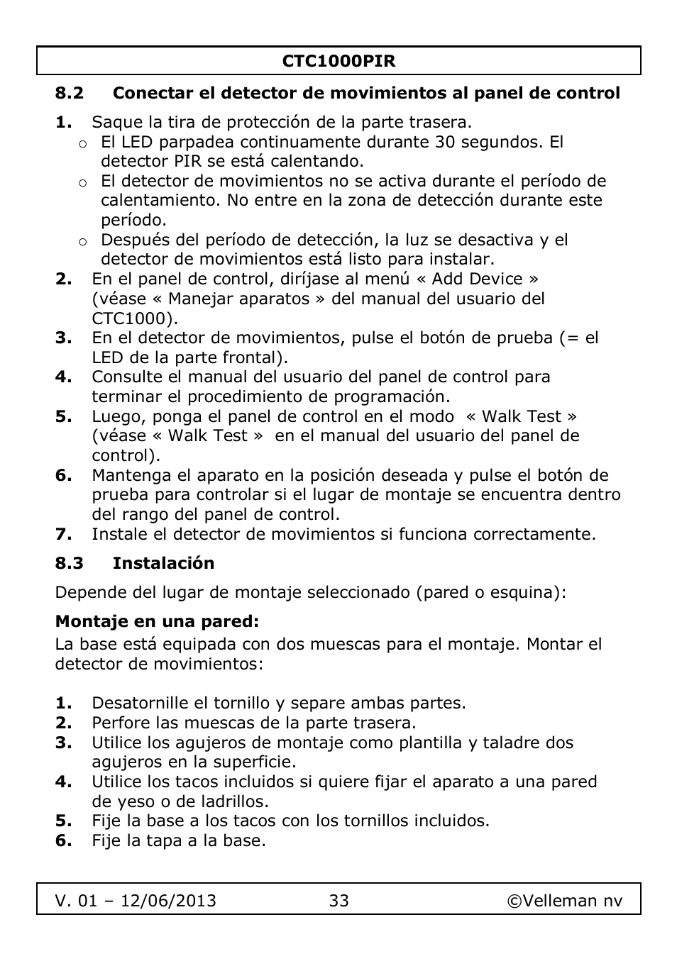 3 instalación, Montaje en una pared | Velleman CTC1000PIR User Manual | Page 33 / 59