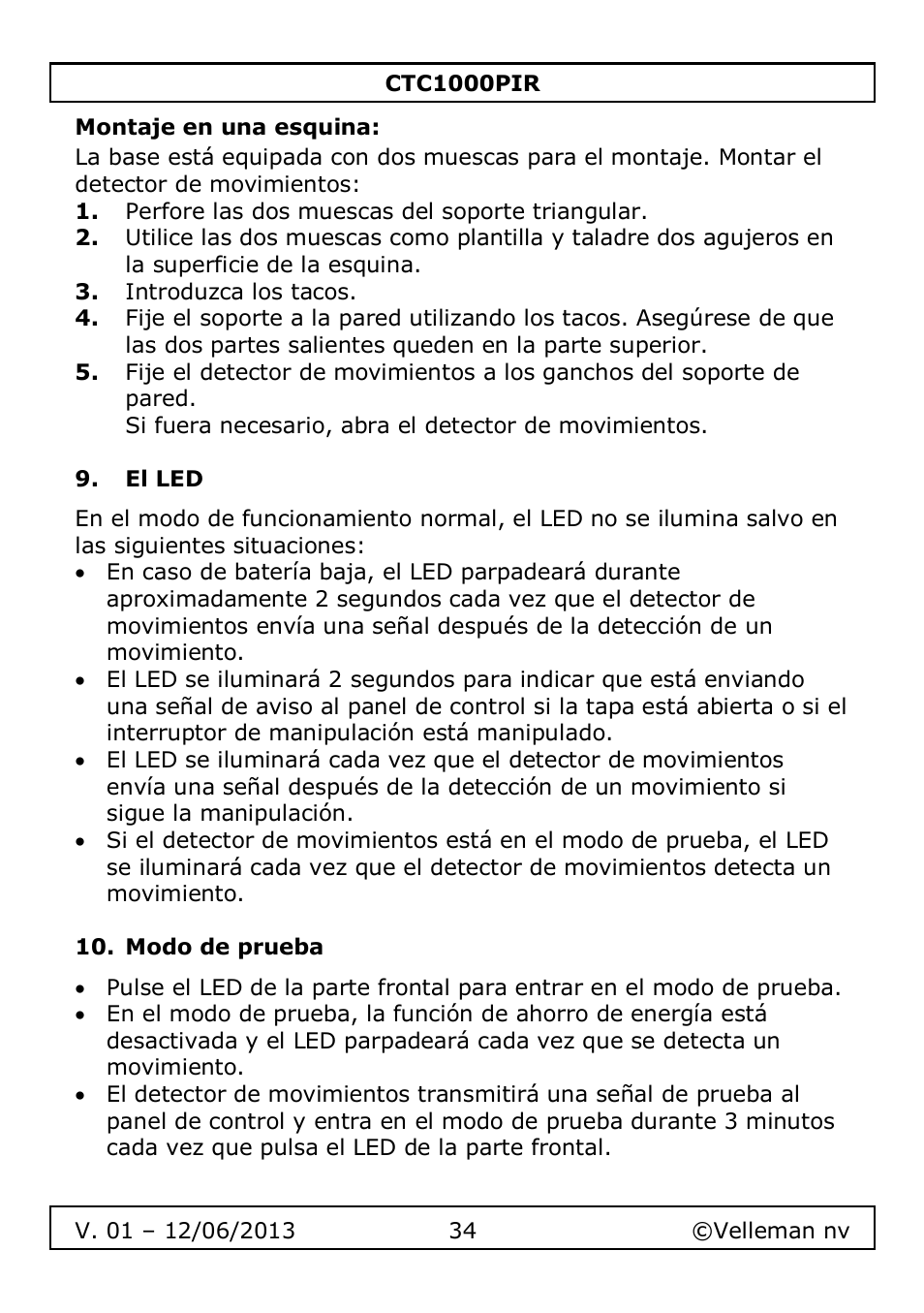 Montaje en una esquina, El led, Modo de prueba | Velleman CTC1000PIR User Manual | Page 34 / 59
