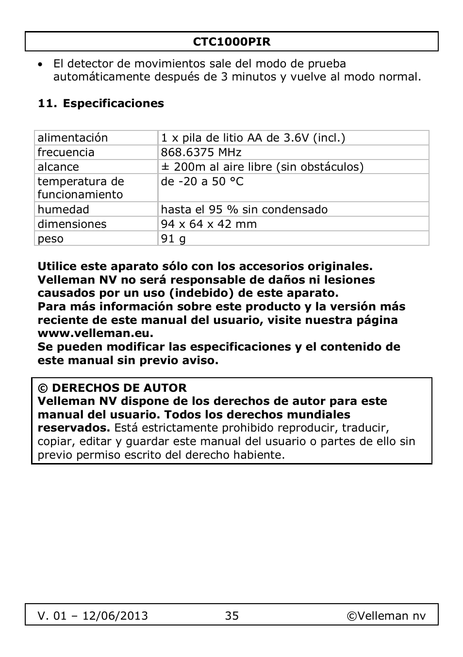 Especificaciones | Velleman CTC1000PIR User Manual | Page 35 / 59