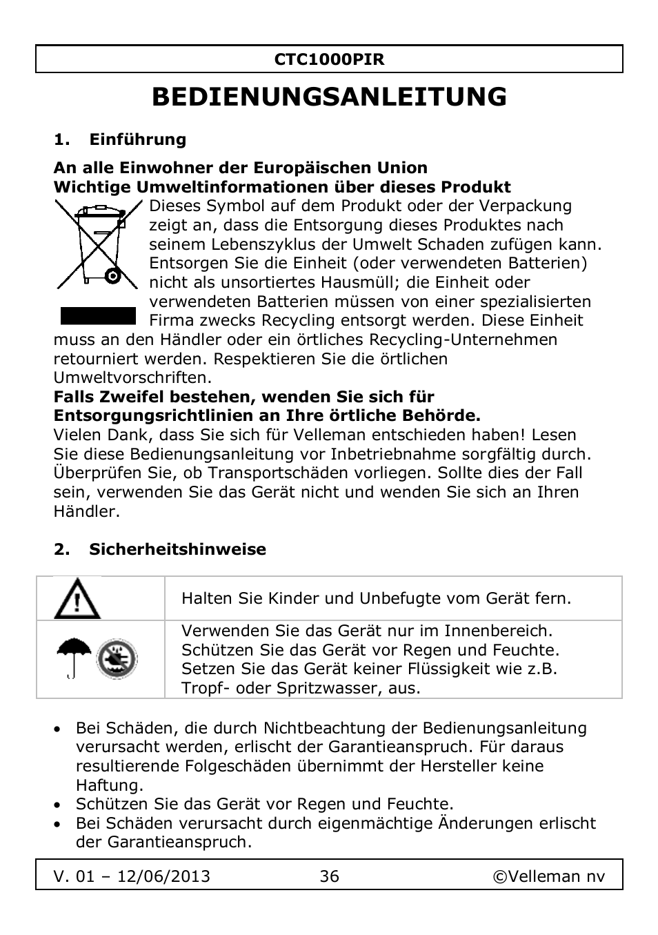 Bedienungsanleitung, Einführung, Sicherheitshinweise | Velleman CTC1000PIR User Manual | Page 36 / 59
