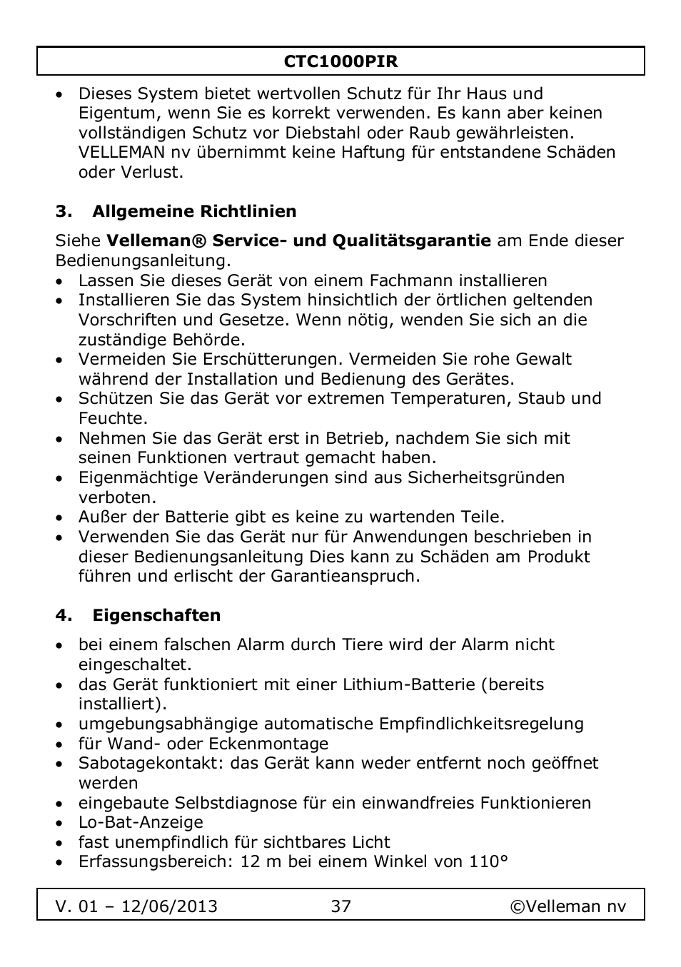 Allgemeine richtlinien, Eigenschaften | Velleman CTC1000PIR User Manual | Page 37 / 59