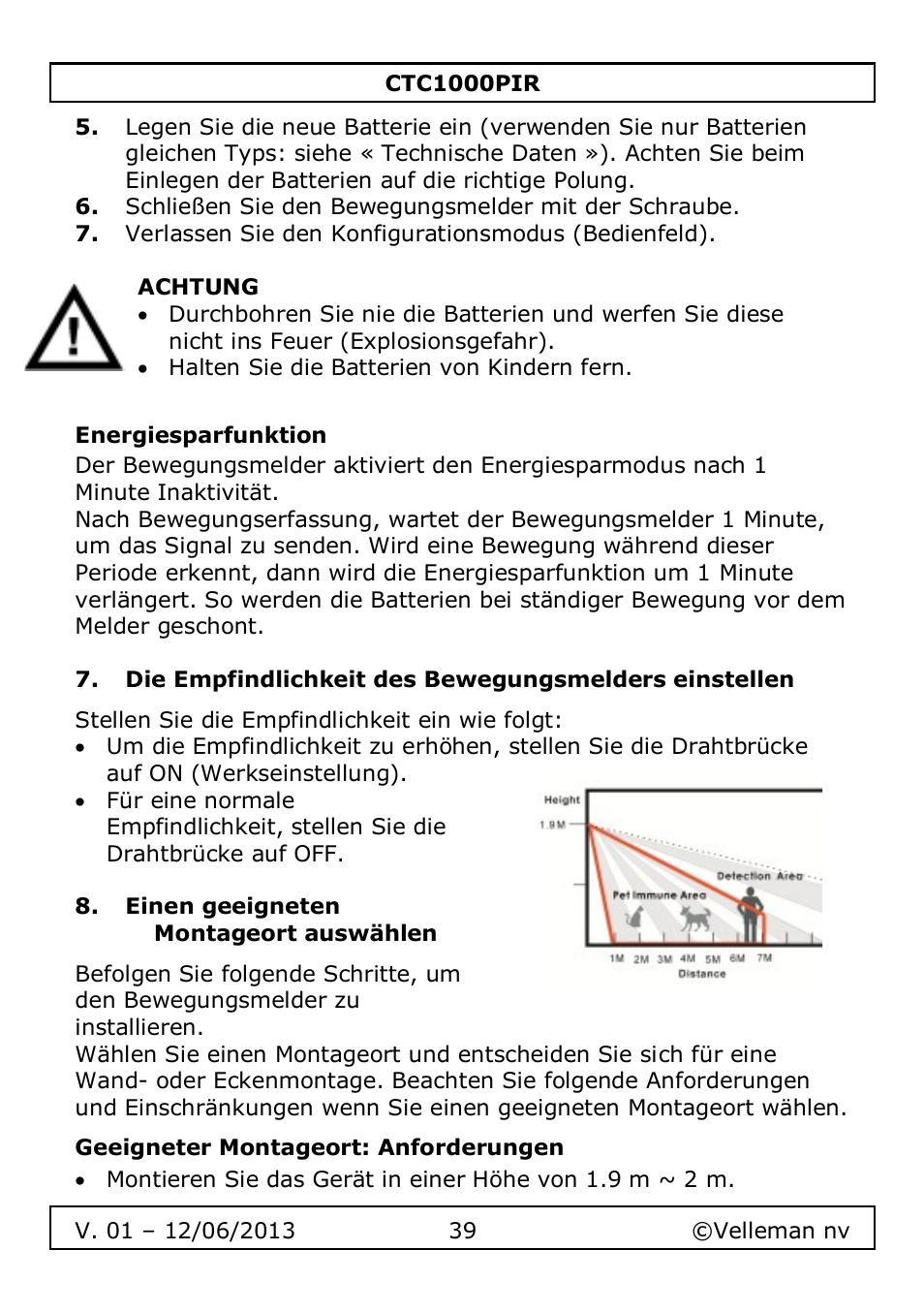 Energiesparfunktion, Einen geeigneten montageort auswählen, Geeigneter montageort: anforderungen | Velleman CTC1000PIR User Manual | Page 39 / 59