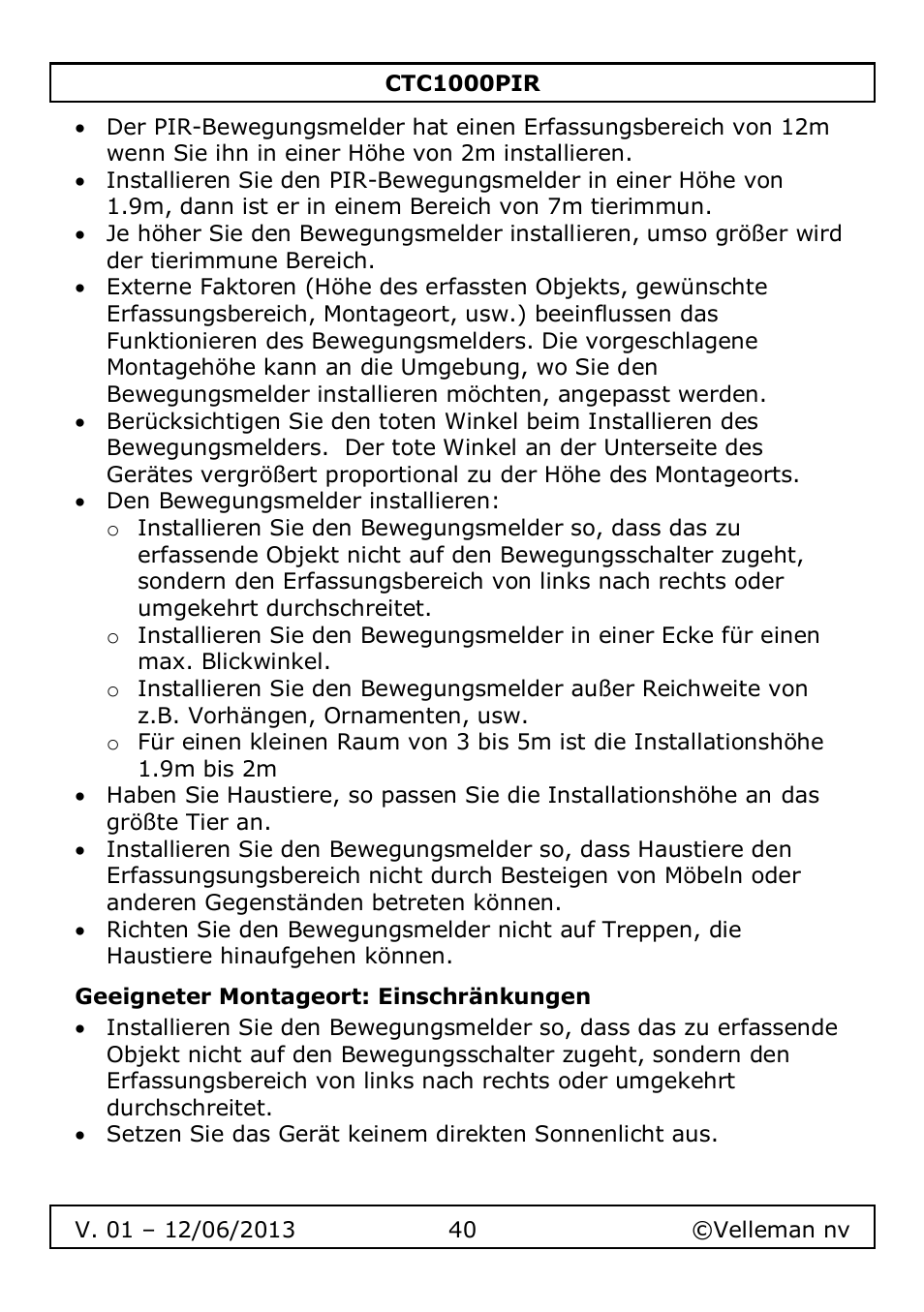 Geeigneter montageort: einschränkungen | Velleman CTC1000PIR User Manual | Page 40 / 59