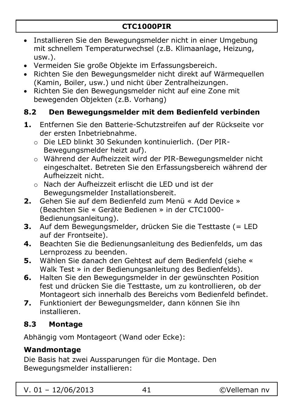 2 den bewegungsmelder mit dem bedienfeld verbinden, 3 montage, Wandmontage | Velleman CTC1000PIR User Manual | Page 41 / 59