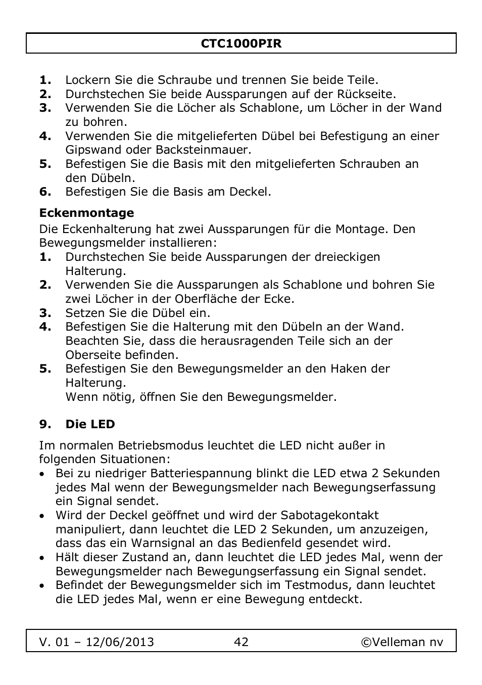 Eckenmontage, Die led | Velleman CTC1000PIR User Manual | Page 42 / 59