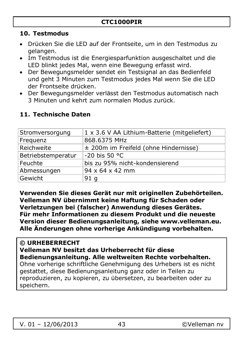 Testmodus, Technische daten | Velleman CTC1000PIR User Manual | Page 43 / 59