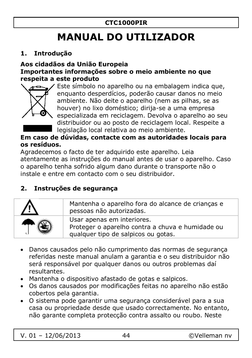 Manual do utilizador, Introdução, Instruções de segurança | Velleman CTC1000PIR User Manual | Page 44 / 59