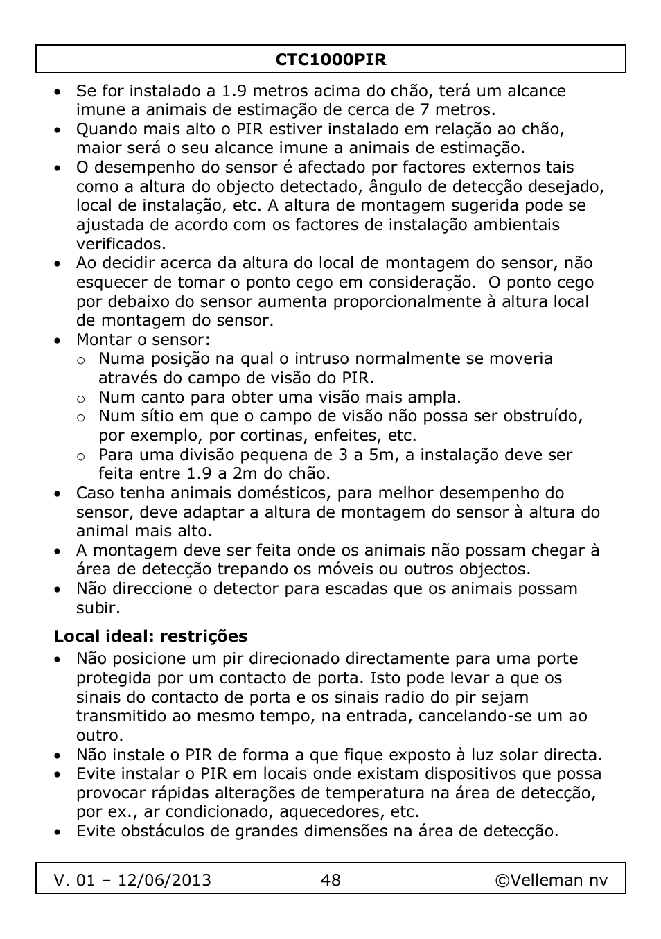 Local ideal: restrições | Velleman CTC1000PIR User Manual | Page 48 / 59