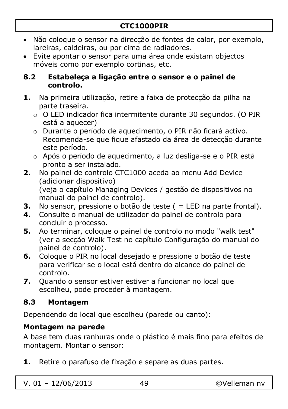 3 montagem, Montagem na parede | Velleman CTC1000PIR User Manual | Page 49 / 59