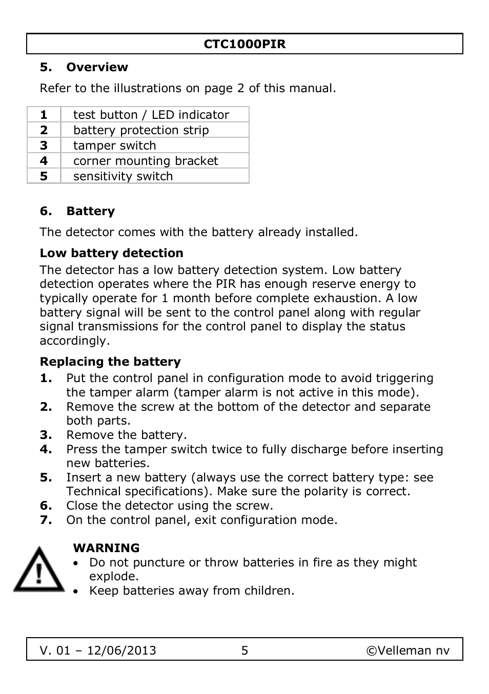 Overview, Battery, Low battery detection | Replacing the battery | Velleman CTC1000PIR User Manual | Page 5 / 59