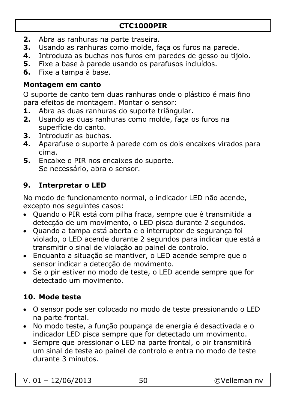 Montagem em canto, Interpretar o led, Mode teste | Velleman CTC1000PIR User Manual | Page 50 / 59