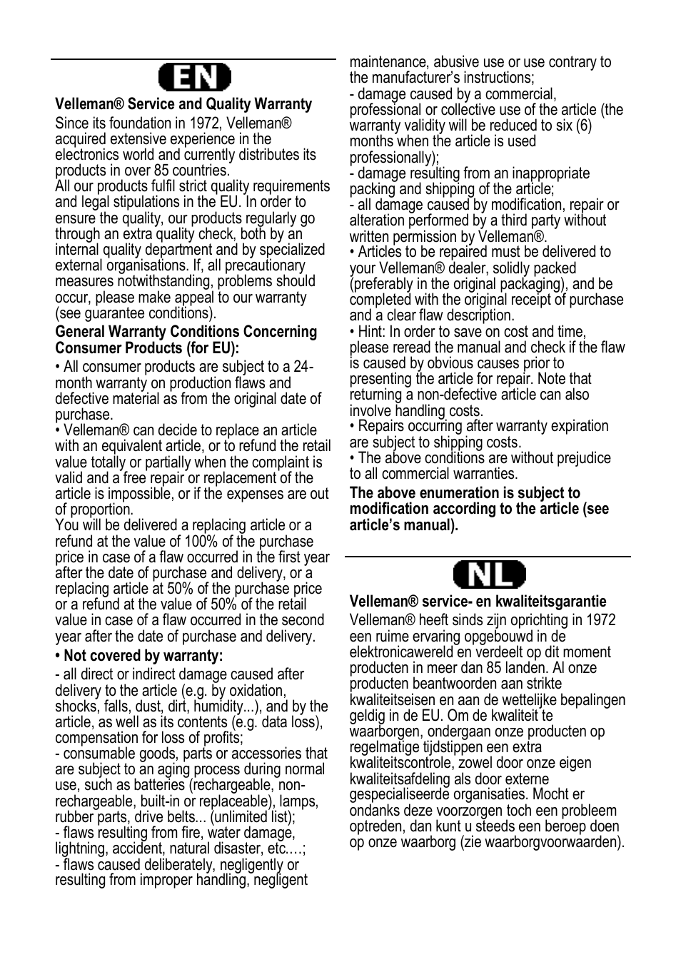 Warranty - garantie - garantia | Velleman CTC1000PIR User Manual | Page 52 / 59