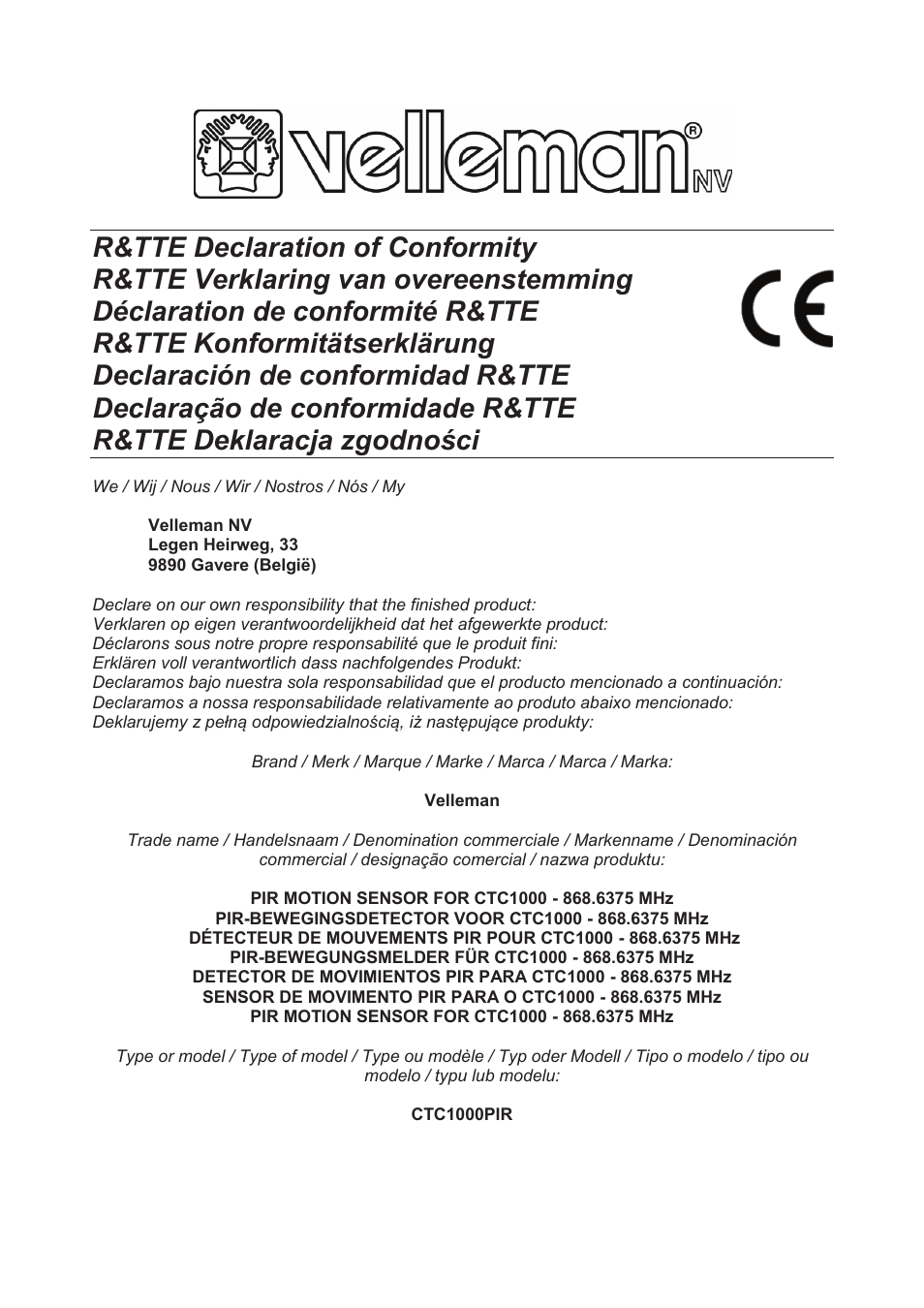 Velleman CTC1000PIR User Manual | Page 58 / 59