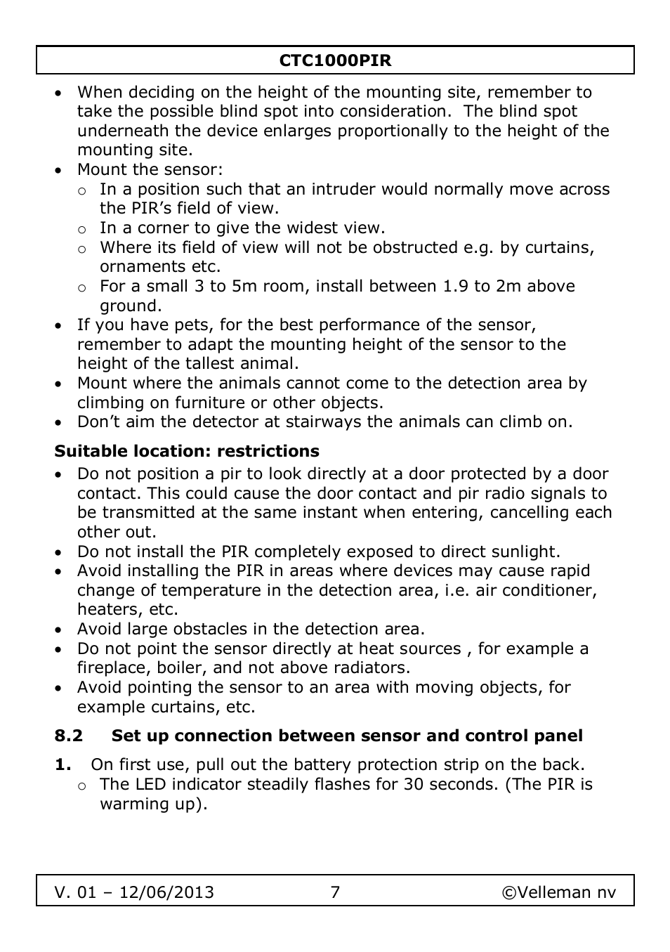 Suitable location: restrictions | Velleman CTC1000PIR User Manual | Page 7 / 59