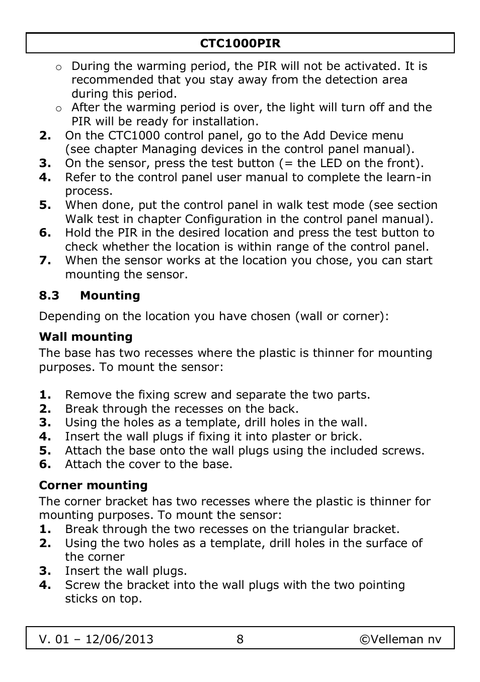3 mounting, Wall mounting, Corner mounting | Velleman CTC1000PIR User Manual | Page 8 / 59