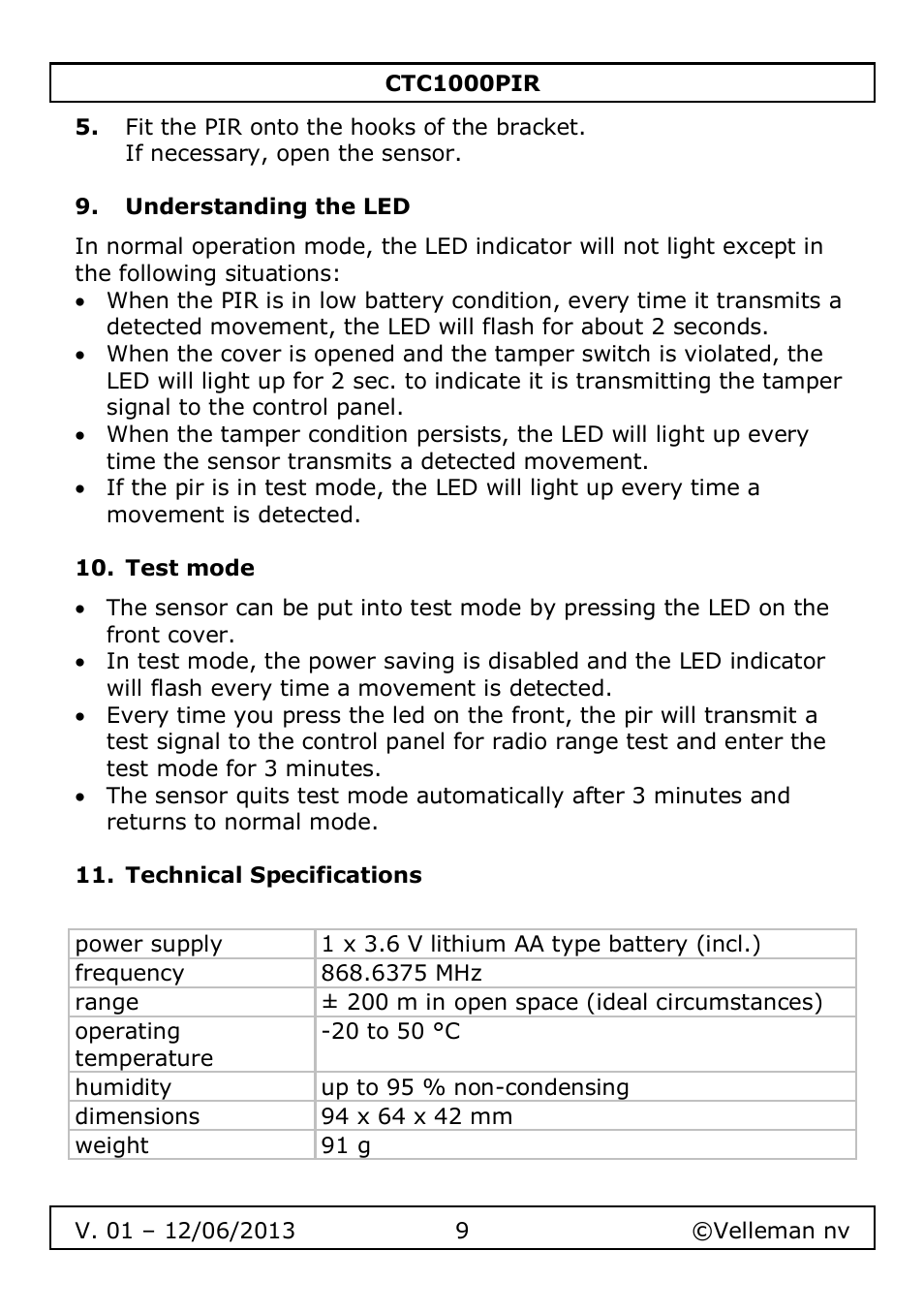 Understanding the led, Test mode, Technical specifications | Velleman CTC1000PIR User Manual | Page 9 / 59
