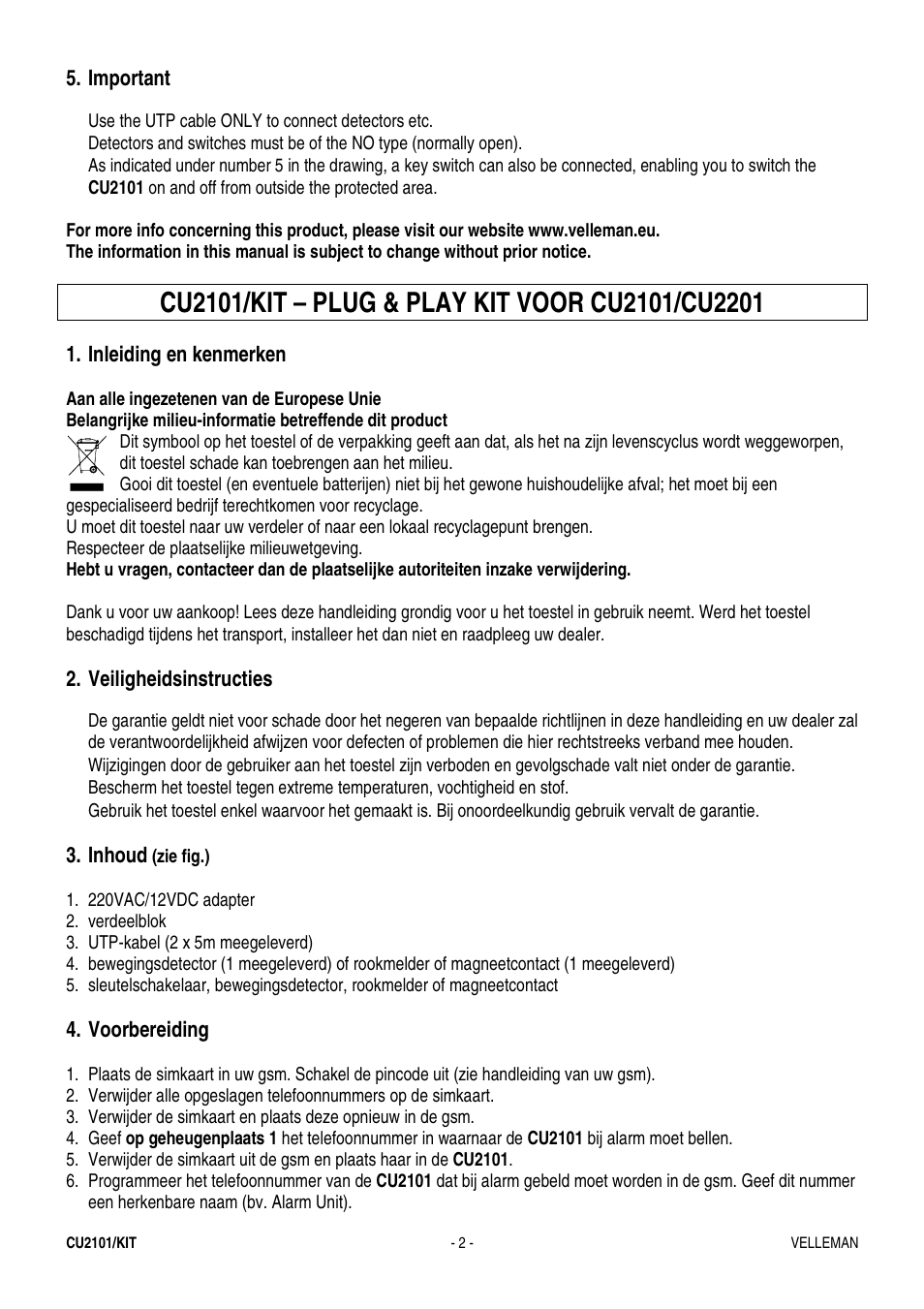 Velleman CU2101-KIT User Manual | Page 2 / 6