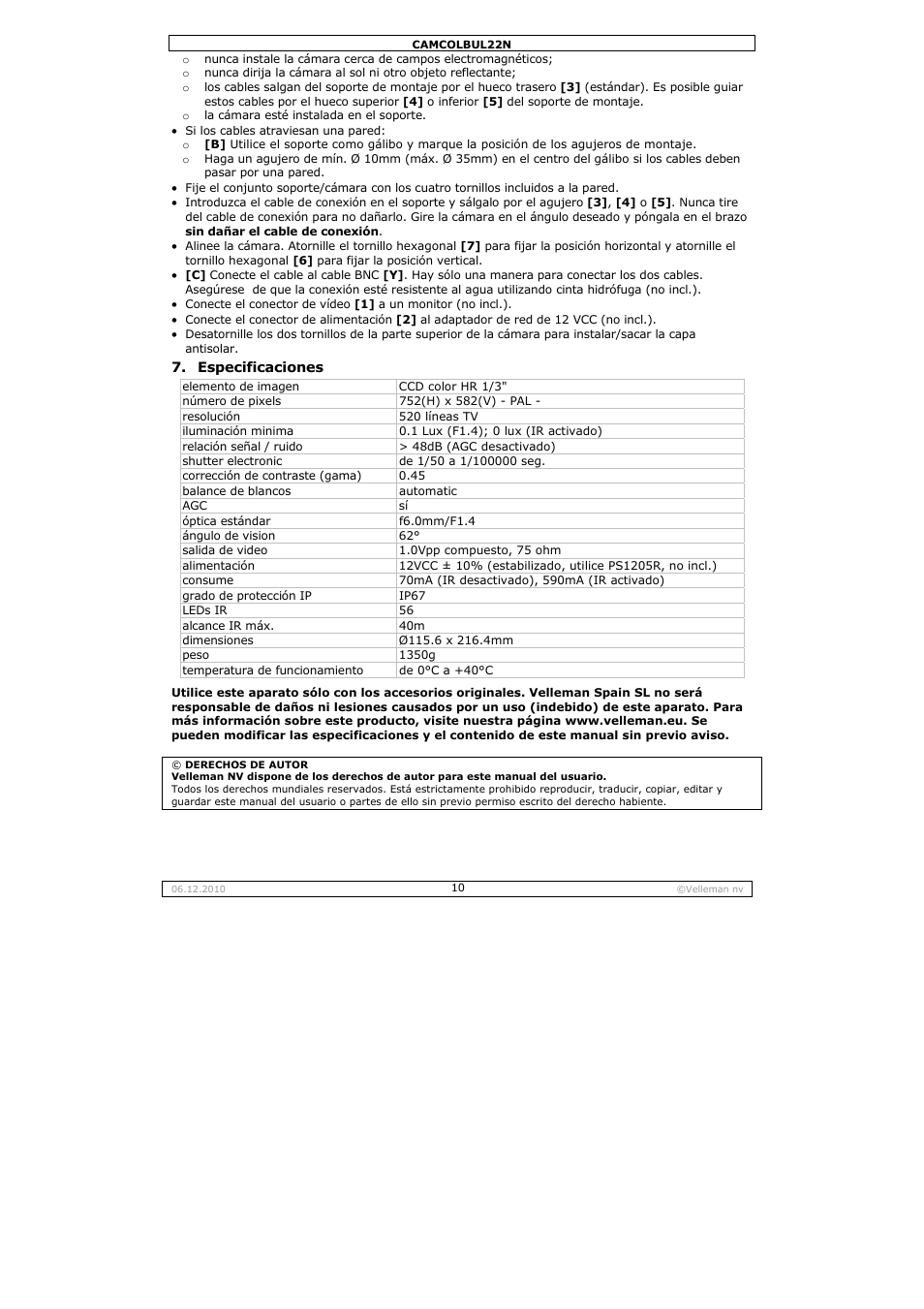 Velleman CAMCOLBUL22N User Manual | Page 10 / 14