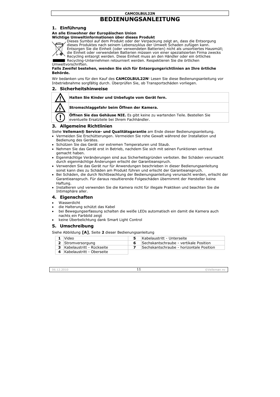 Bedie, Enungs, Anleitu | Velleman CAMCOLBUL22N User Manual | Page 11 / 14