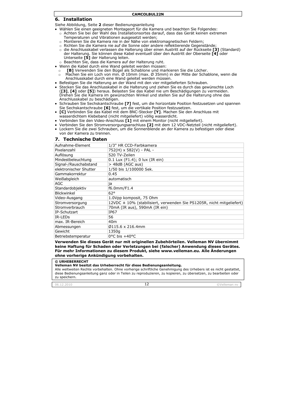 Velleman CAMCOLBUL22N User Manual | Page 12 / 14