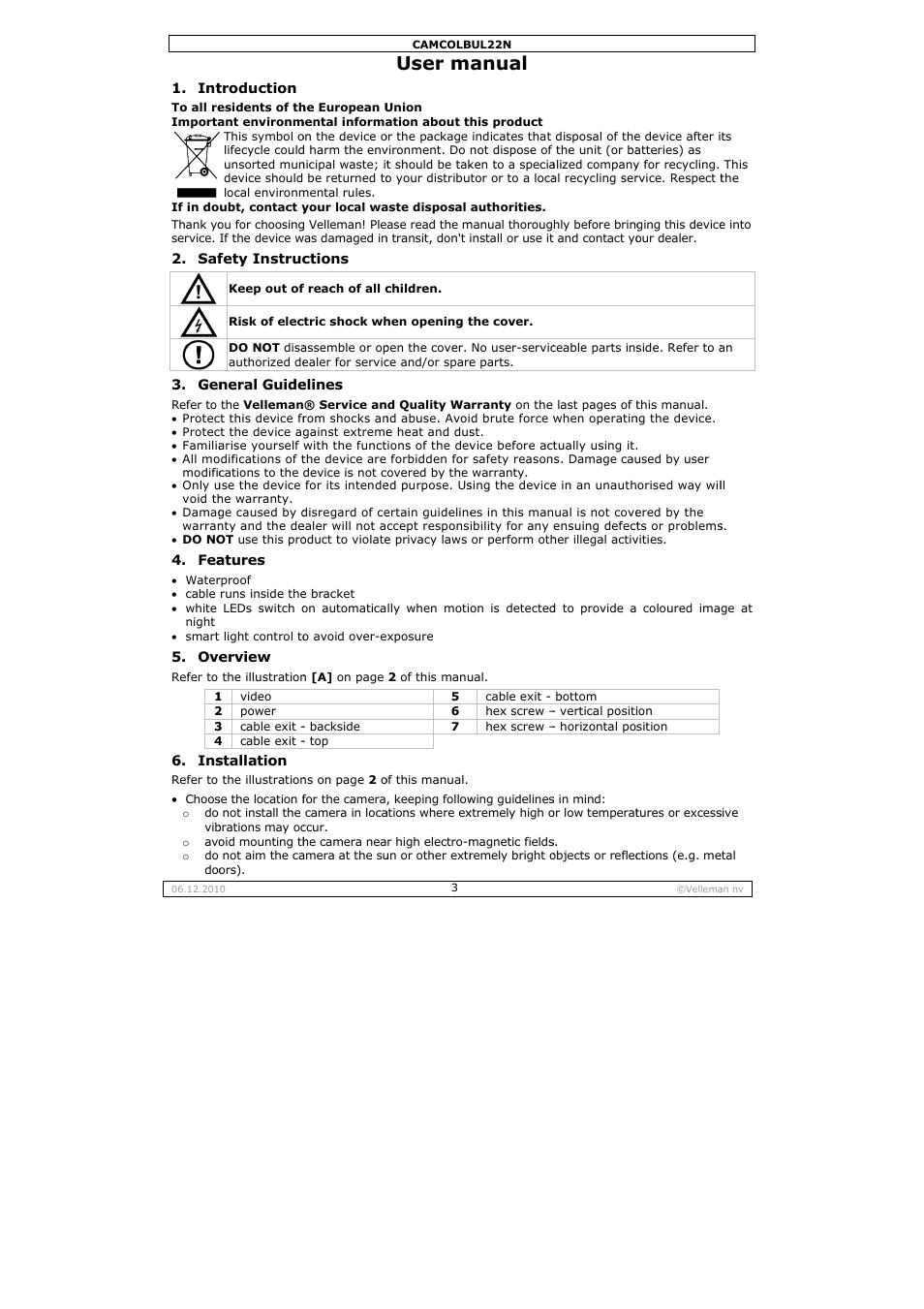 User m, Anual | Velleman CAMCOLBUL22N User Manual | Page 3 / 14