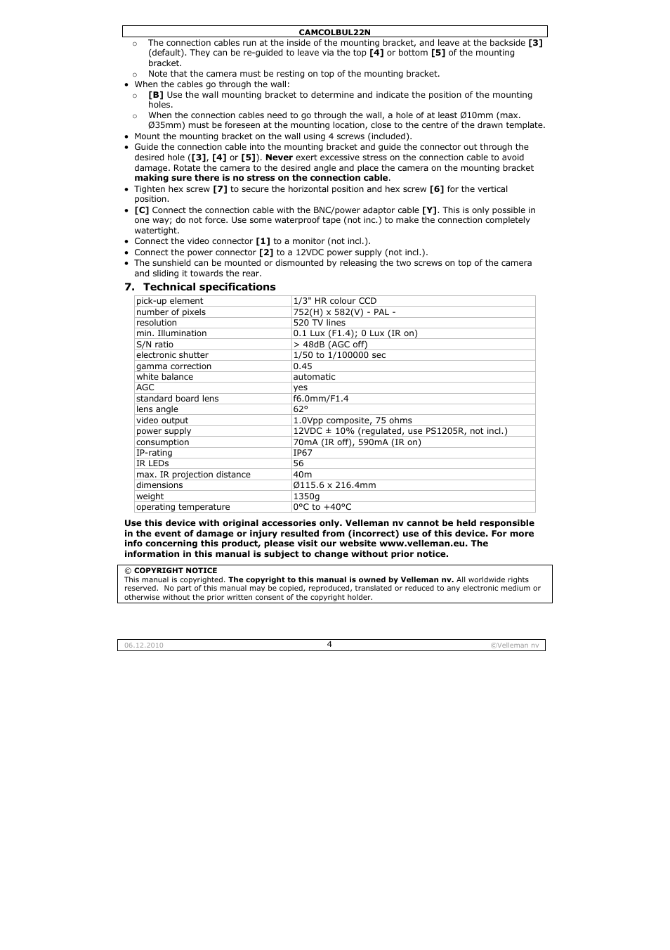 Velleman CAMCOLBUL22N User Manual | Page 4 / 14