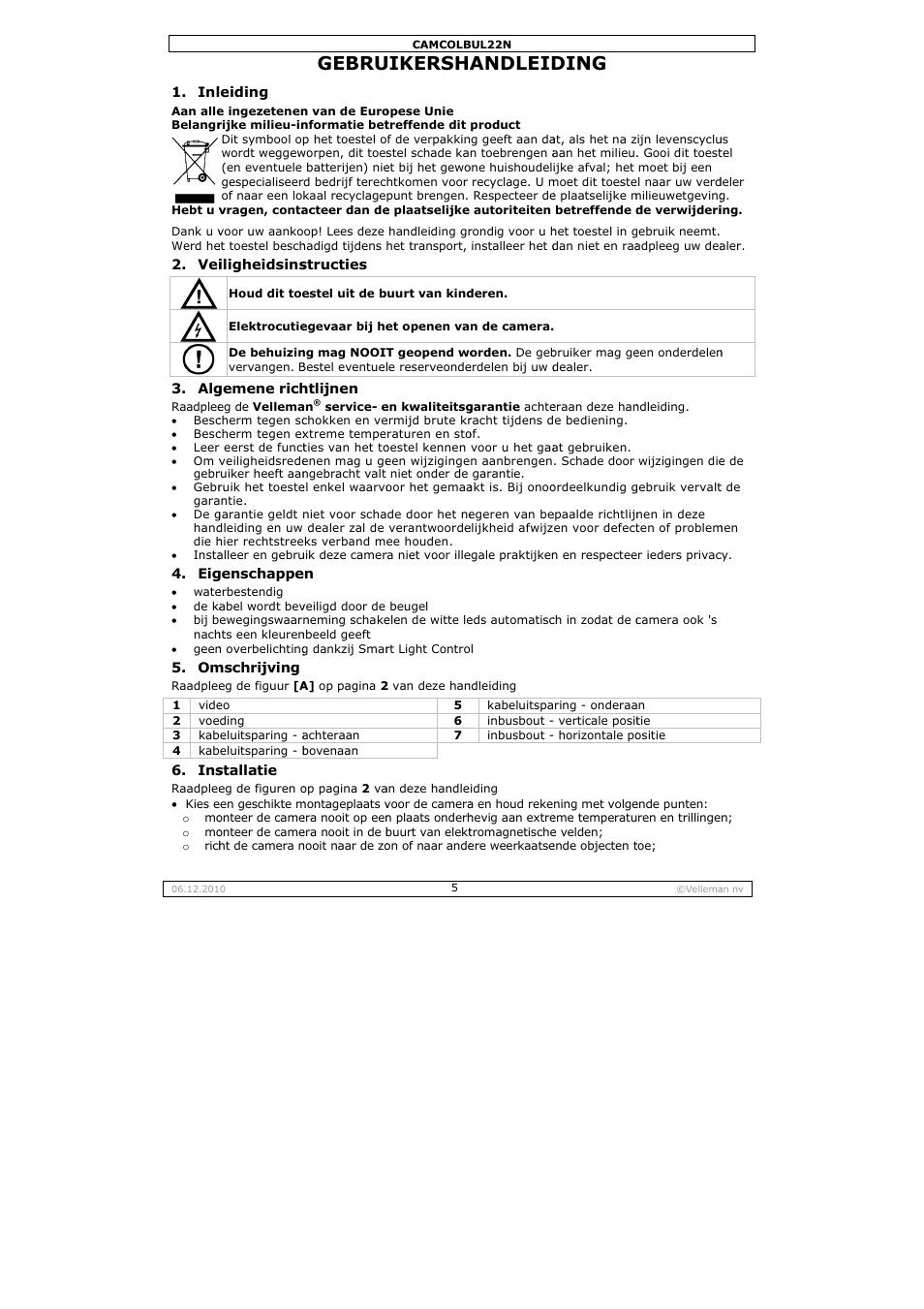 Gebru, Uikersha, Andleid | Ding | Velleman CAMCOLBUL22N User Manual | Page 5 / 14