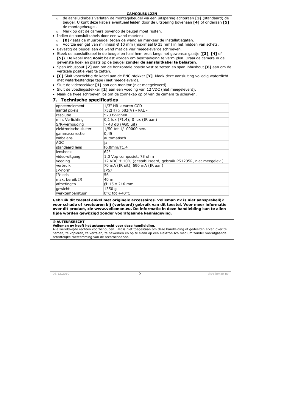 Velleman CAMCOLBUL22N User Manual | Page 6 / 14