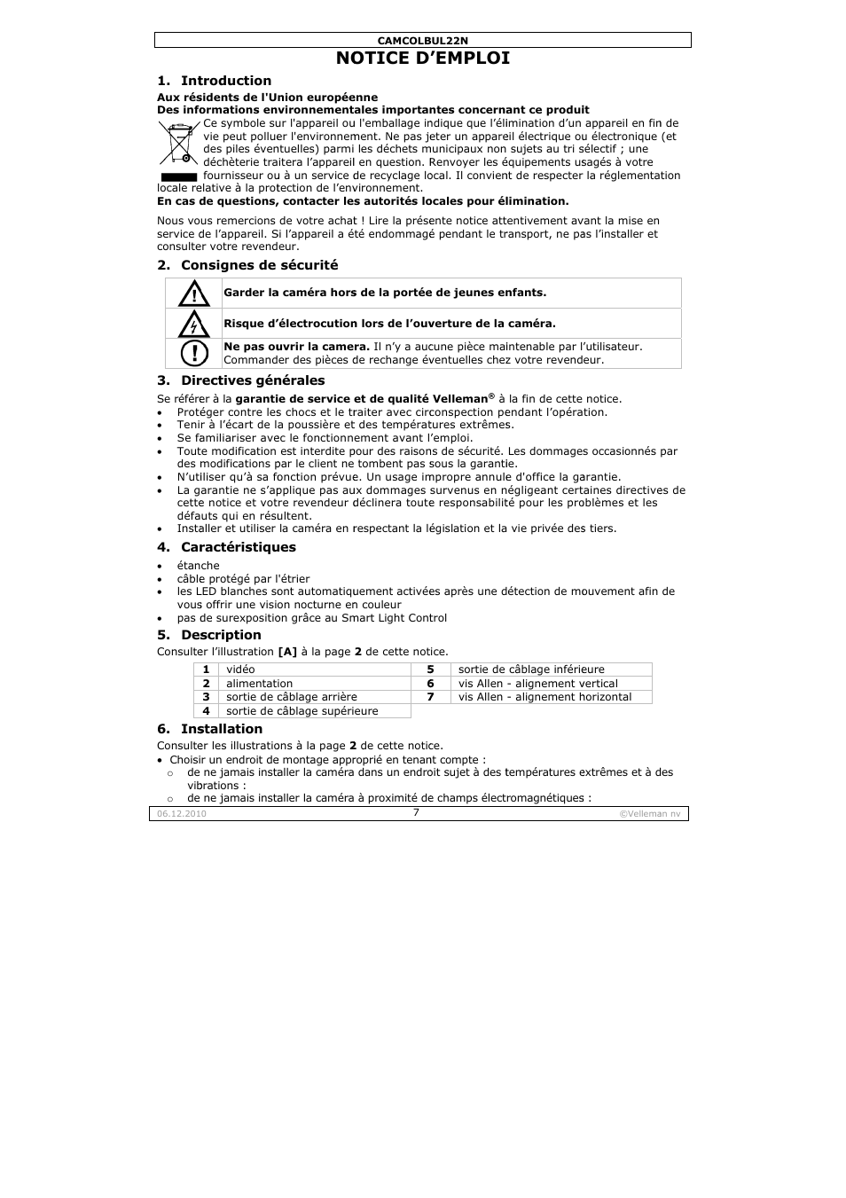 Otice d, Emploi | Velleman CAMCOLBUL22N User Manual | Page 7 / 14