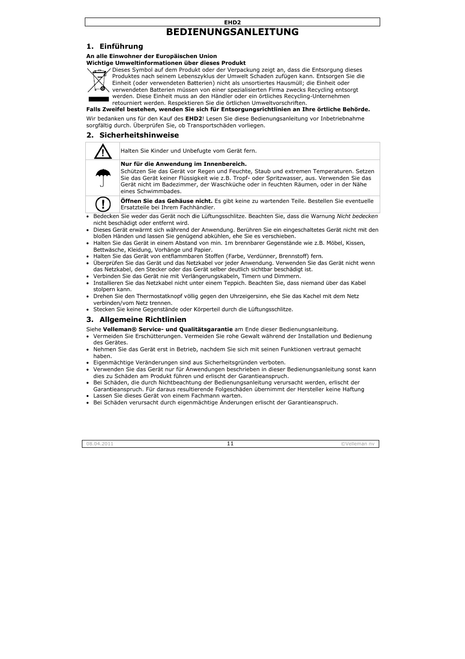 Bedienungsanleitung, Bedie, Enungs | Anleitu | Velleman EHD2 User Manual | Page 11 / 16