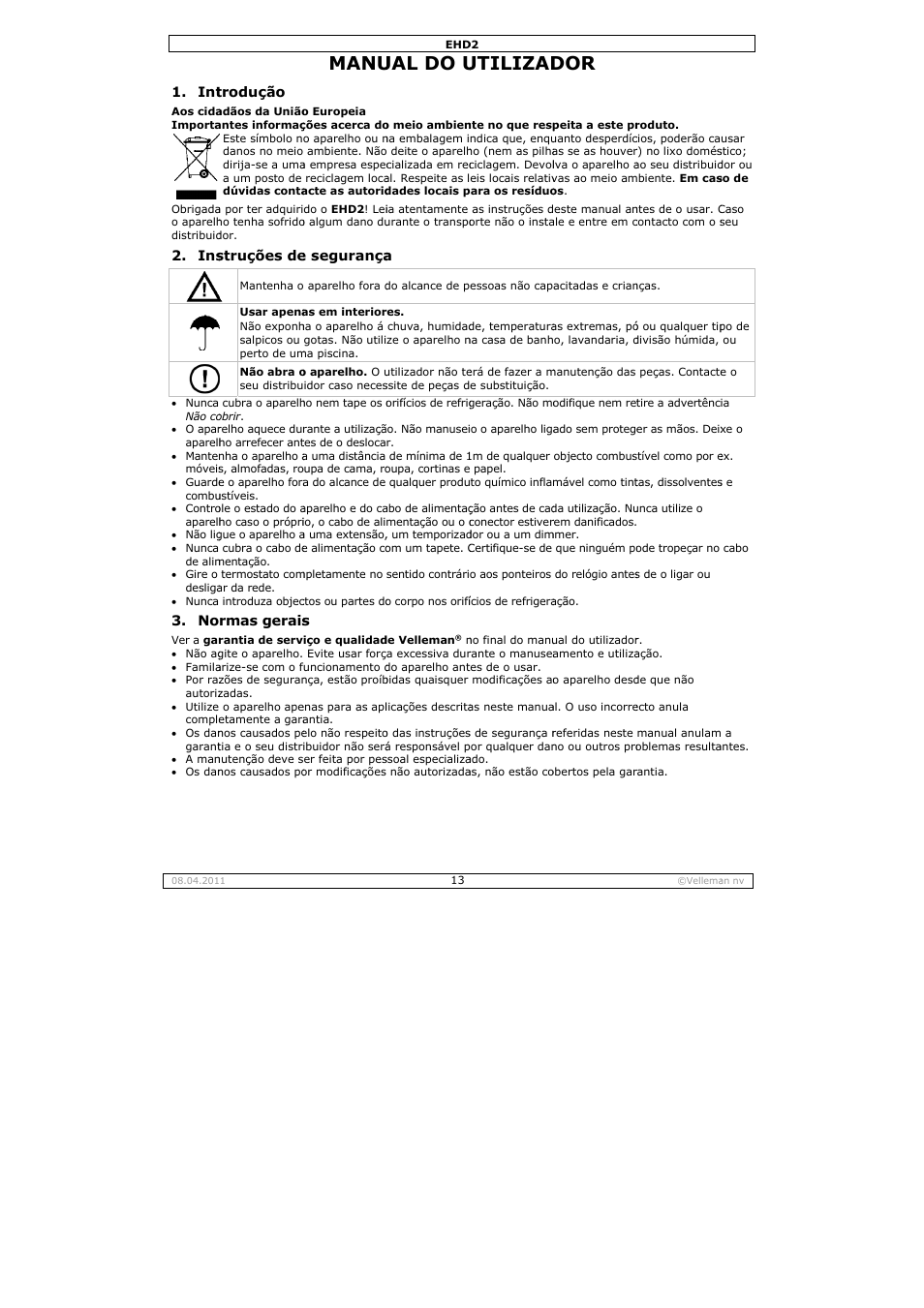 Manual do utilizador, Manu, Ual do u | Utilizad | Velleman EHD2 User Manual | Page 13 / 16