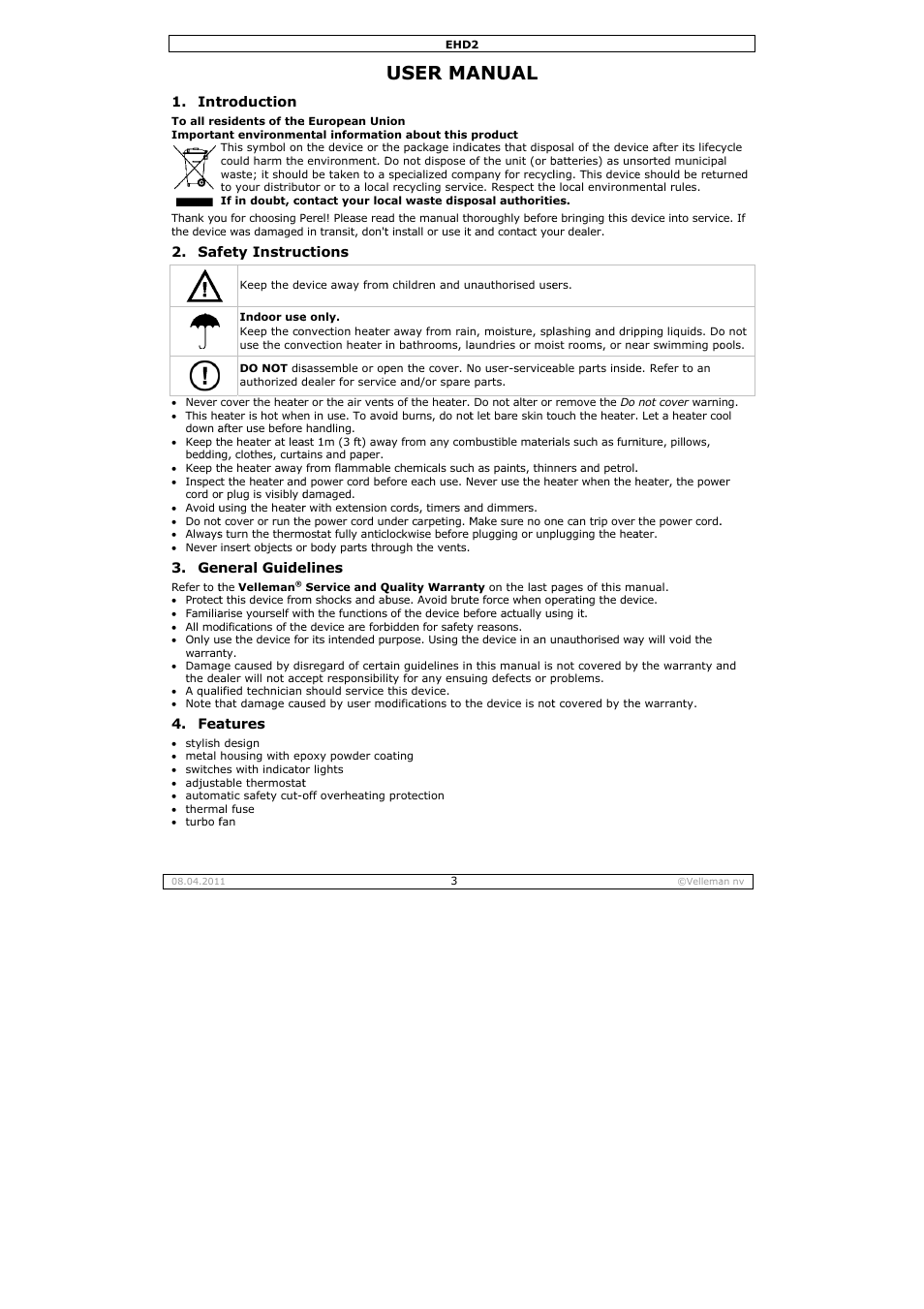 User manual, User ma, Anual | Velleman EHD2 User Manual | Page 3 / 16