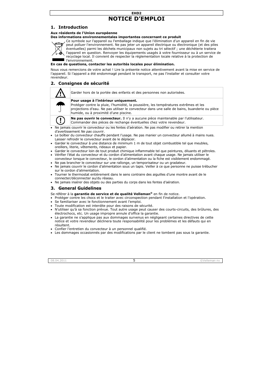 Notice d'emploi, Otice d, Emploi | Velleman EHD2 User Manual | Page 5 / 16