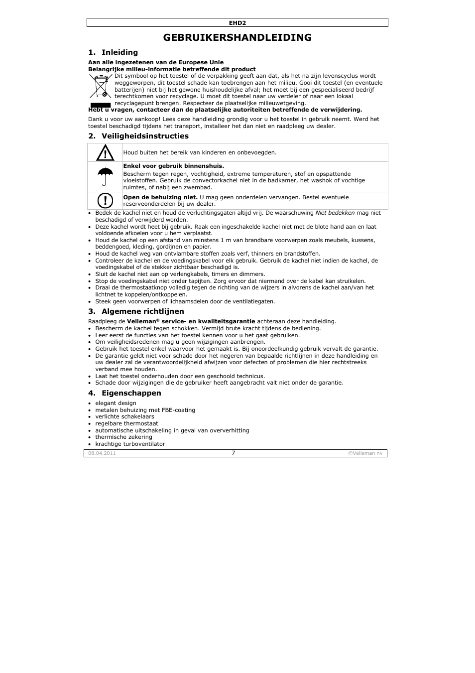 Gebruikershandleiding, Gebru, Uikersha | Andleid, Ding | Velleman EHD2 User Manual | Page 7 / 16