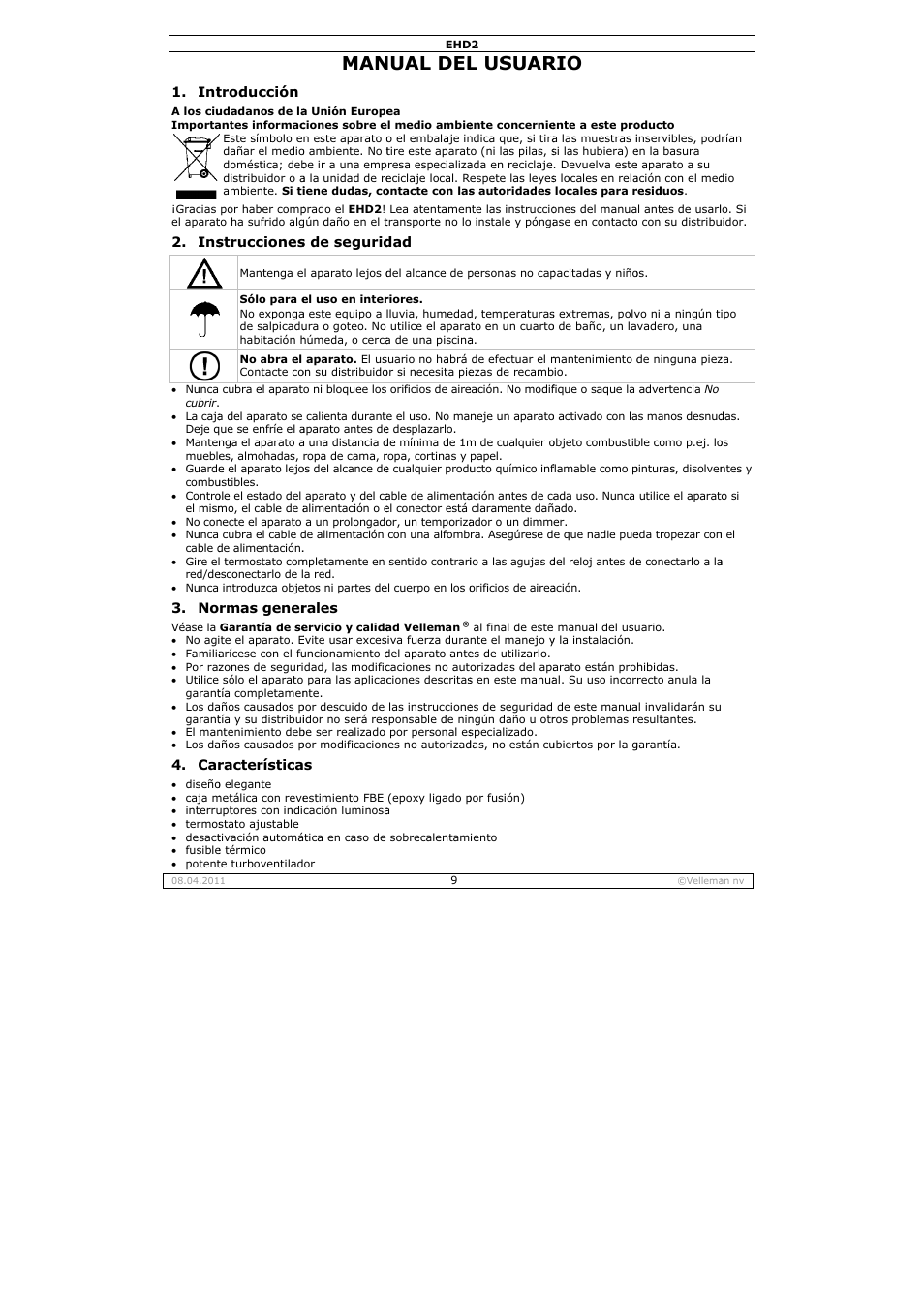 Manual del usuario, Nual del, L usuar | Velleman EHD2 User Manual | Page 9 / 16