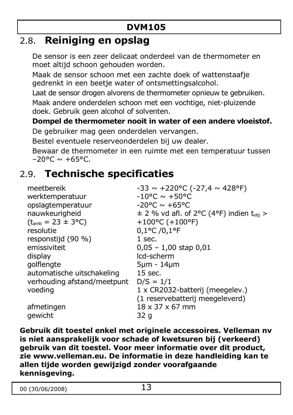 Reiniging en opslag, Technische specificaties | Velleman DVM105 User Manual | Page 13 / 31