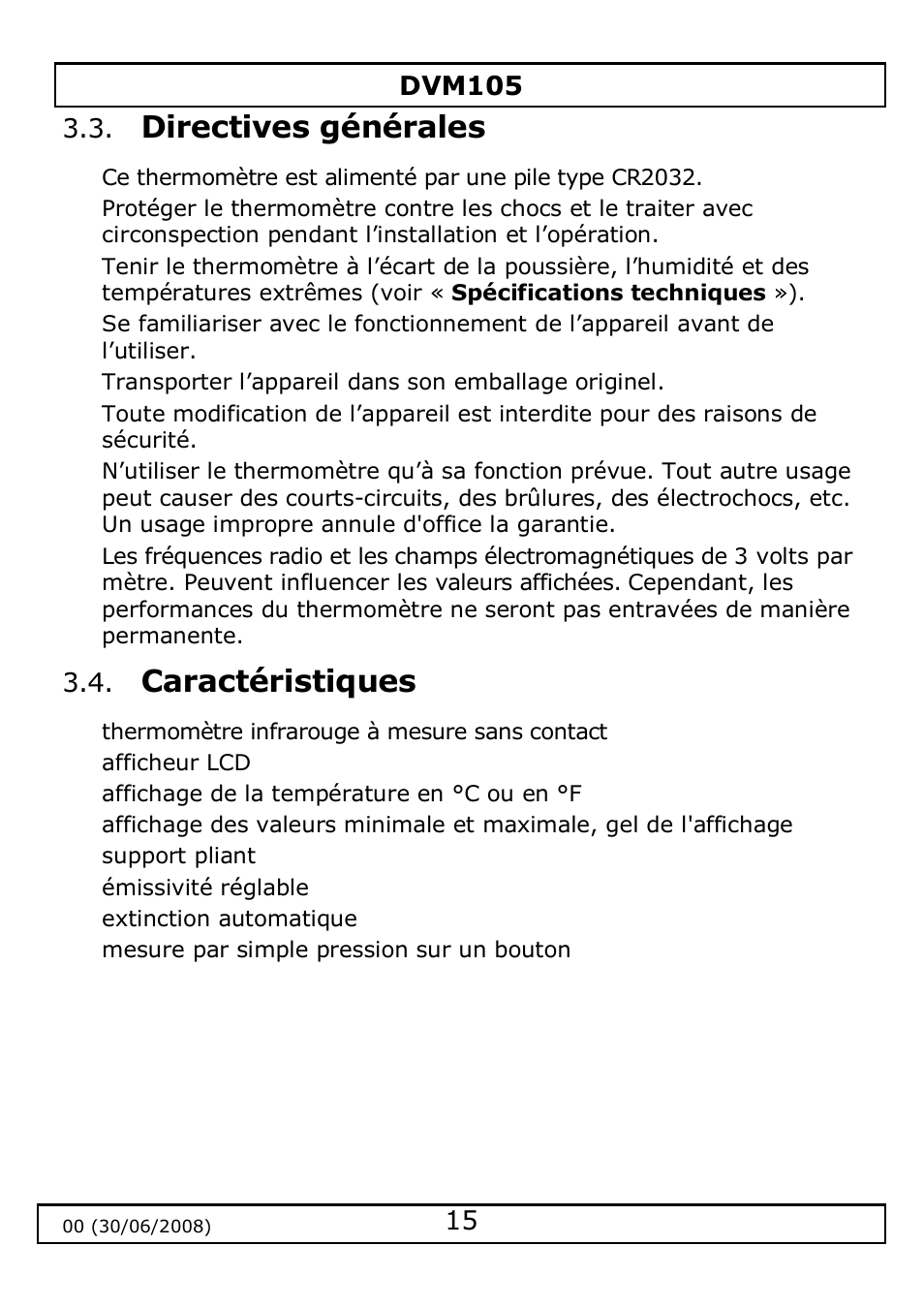 Directives générales, Caractéristiques | Velleman DVM105 User Manual | Page 15 / 31