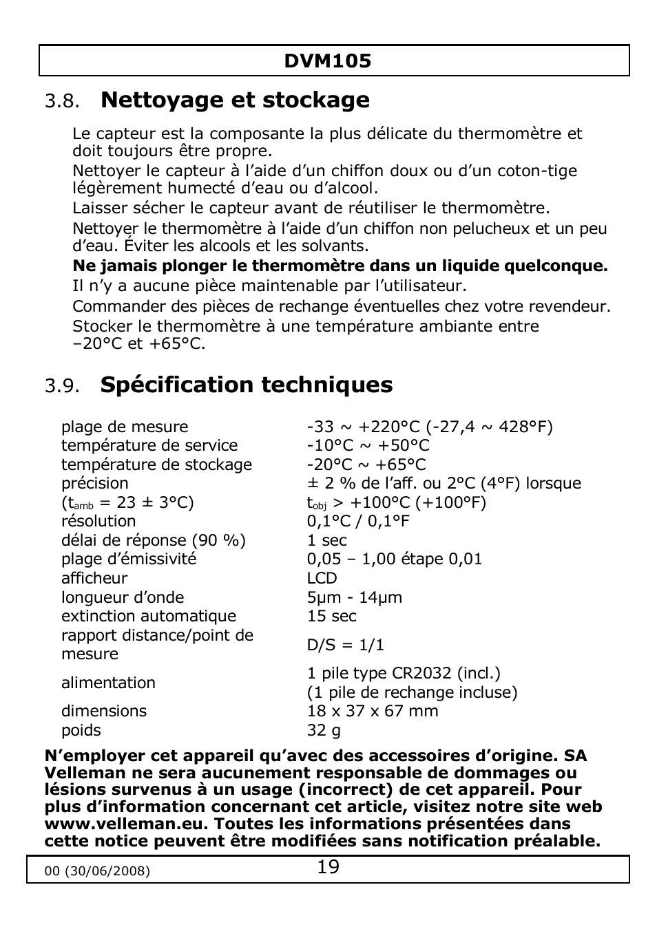 Nettoyage et stockage, Spécification techniques | Velleman DVM105 User Manual | Page 19 / 31