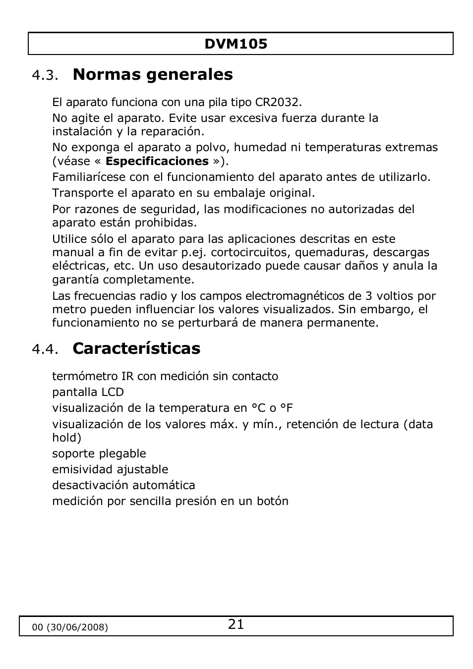 Normas generales, Características | Velleman DVM105 User Manual | Page 21 / 31