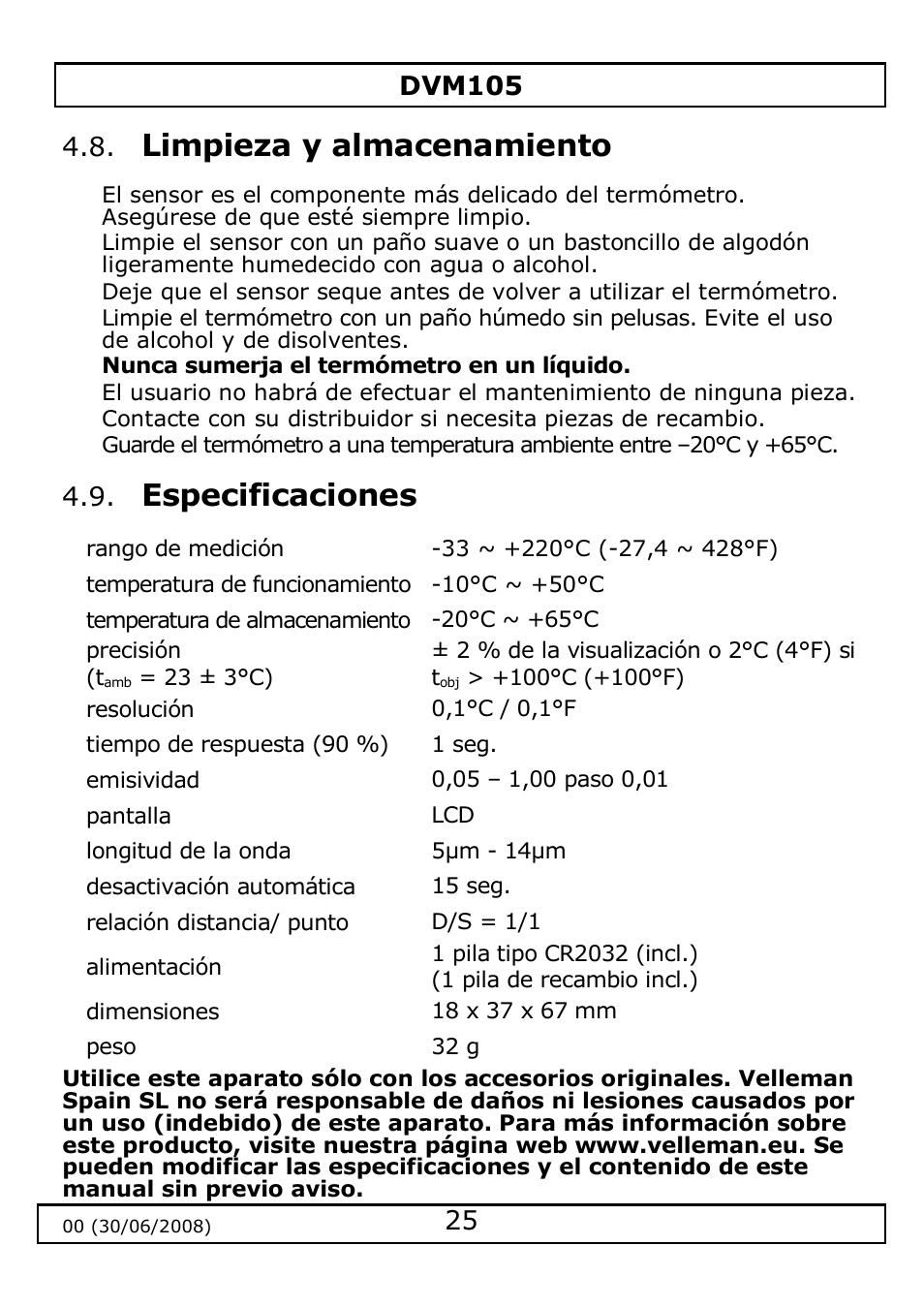 Limpieza y almacenamiento, Especificaciones | Velleman DVM105 User Manual | Page 25 / 31