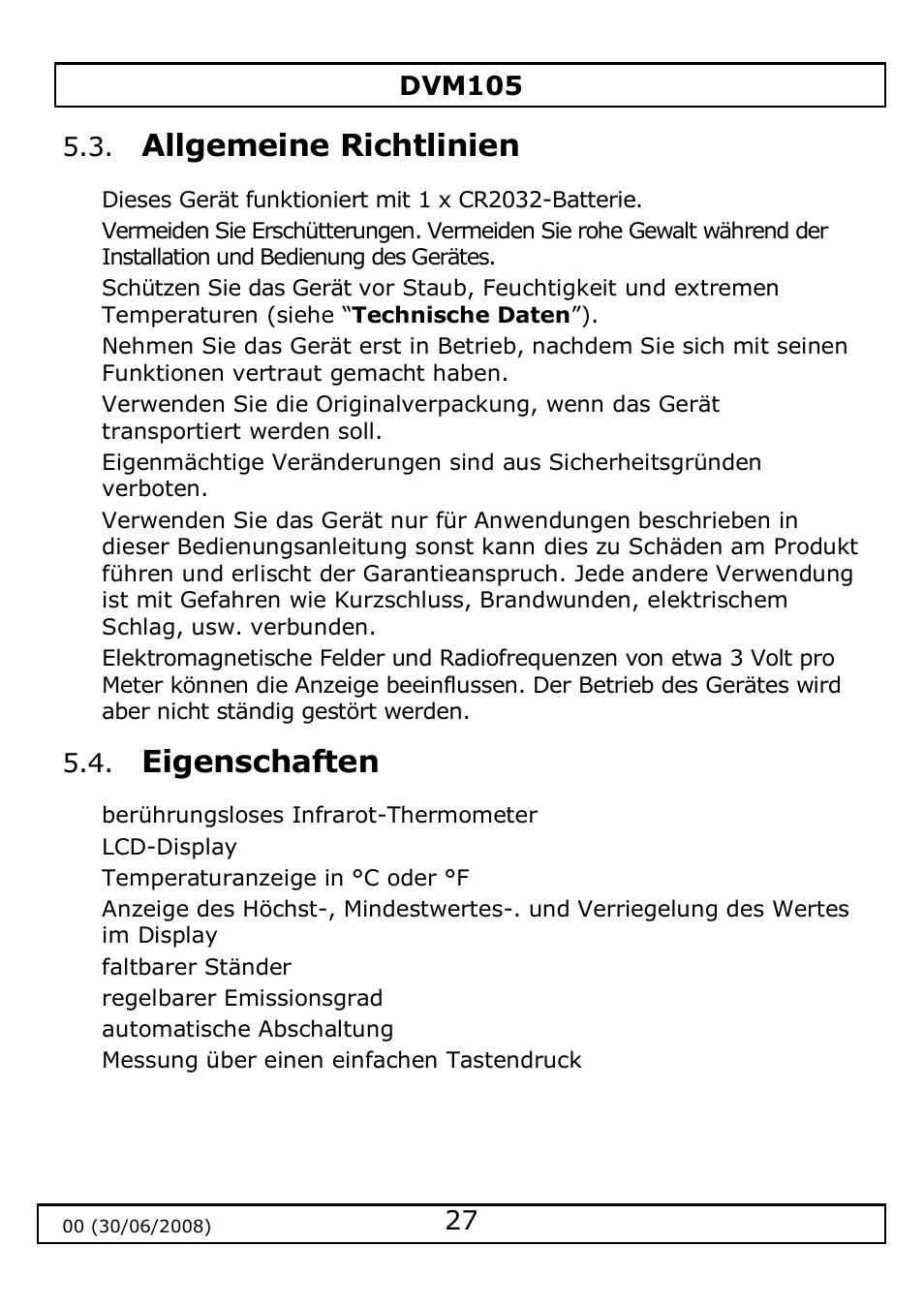 Allgemeine richtlinien, Eigenschaften | Velleman DVM105 User Manual | Page 27 / 31