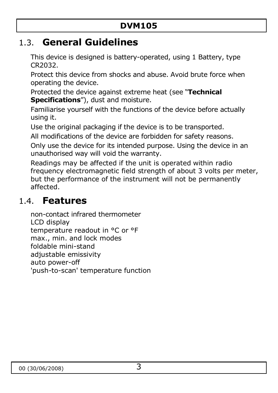 General guidelines, Features | Velleman DVM105 User Manual | Page 3 / 31