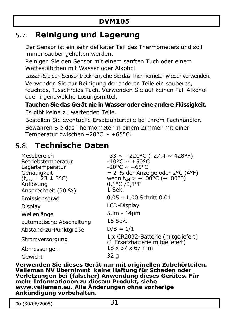 Reinigung und lagerung, Technische daten | Velleman DVM105 User Manual | Page 31 / 31