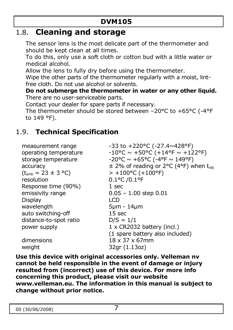 Cleaning and storage | Velleman DVM105 User Manual | Page 7 / 31
