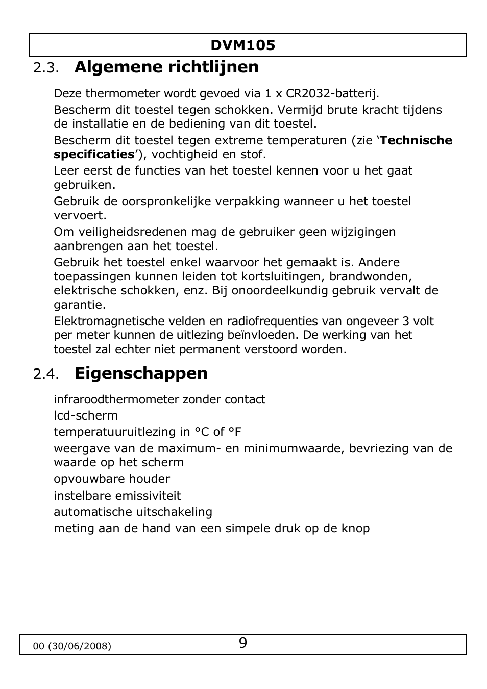 Algemene richtlijnen, Eigenschappen | Velleman DVM105 User Manual | Page 9 / 31