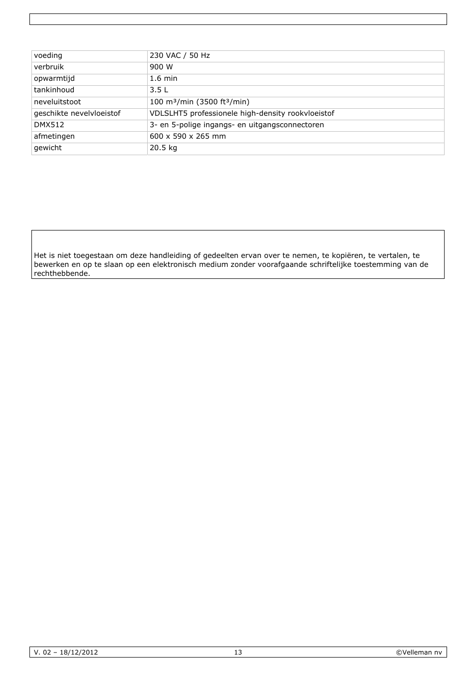 Technische specificaties | Velleman LX500 User Manual | Page 13 / 32