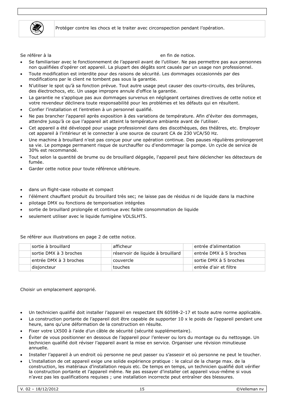 Directives générales, Caractéristiques, Description | Installation | Velleman LX500 User Manual | Page 15 / 32