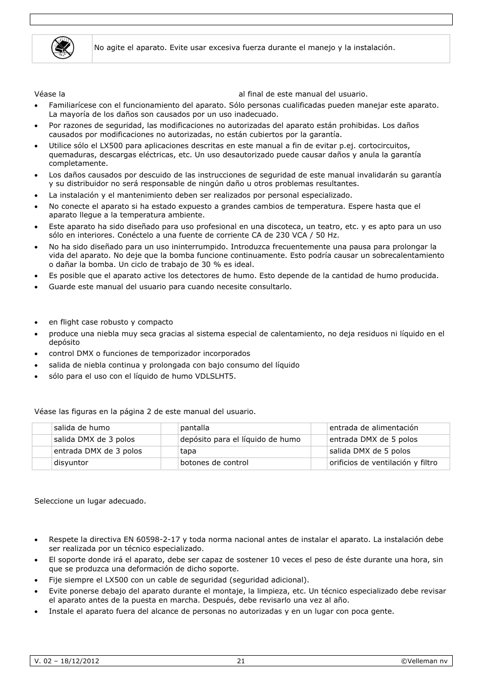 Normas generales, Características, Descripción | Instalación | Velleman LX500 User Manual | Page 21 / 32