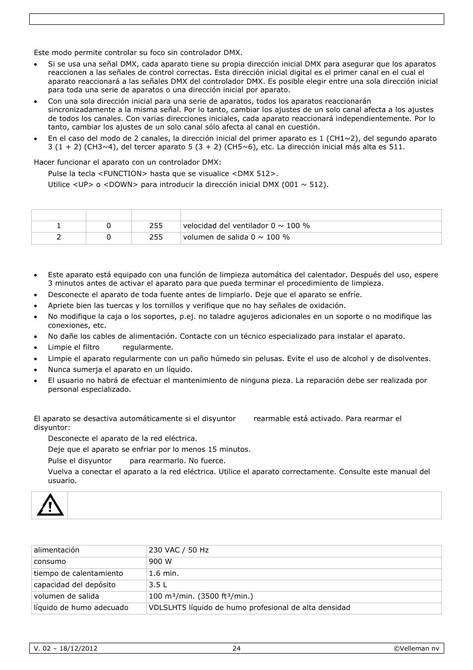 Limp, Espe, Pieza y m | Ecificacio, Mantenim, Ones, Miento | Velleman LX500 User Manual | Page 24 / 32